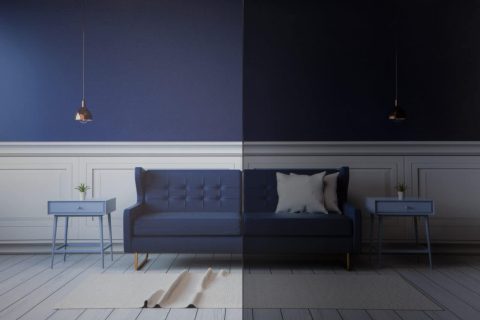 Interior shown through contrasting light and dark tinted glass.