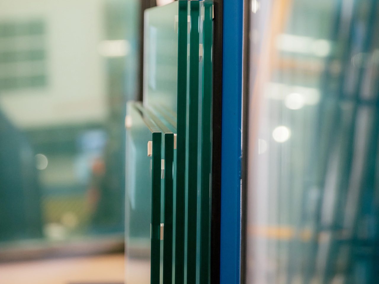 Close-up of insulated glass unit samples in the Tough Glass factory.