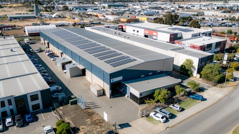 Aerial view across the Tough Glass factory and delivery yard.