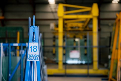 Glass rack marker identifying 18 millimetre glass in the Tough Glass facility.
