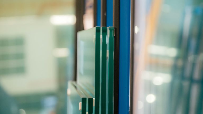 Close-up of multiple insulated glass unit edges in the Tough Glass facility.