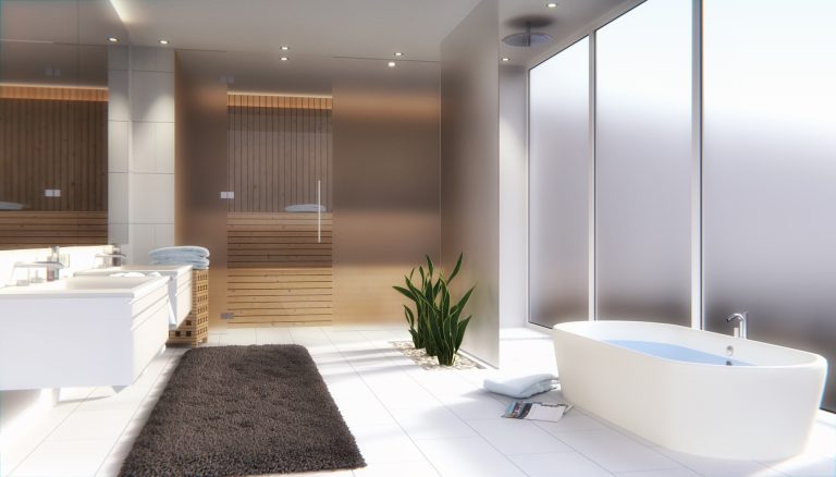 Frosted acid etched glass partition glowing in a light-filled bathroom