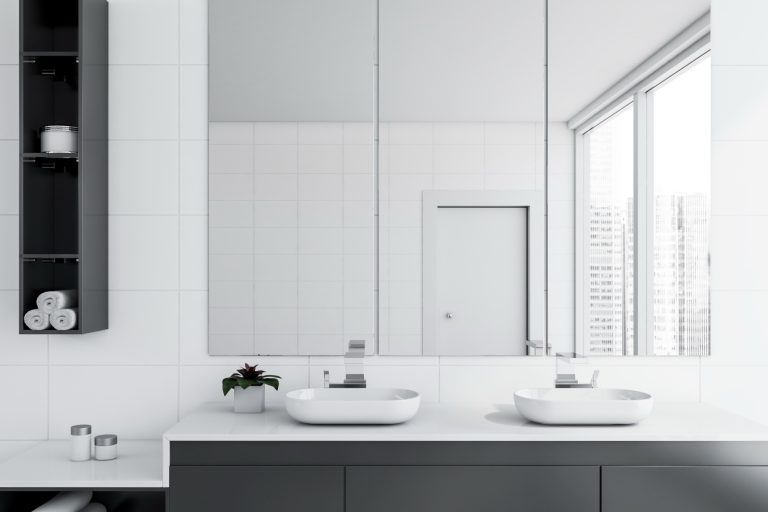 Silver mirrored cabinet fronts over a double vanity