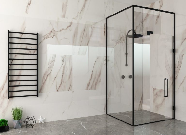 Ultra clear toughened glass shower enclosure with slim black framing